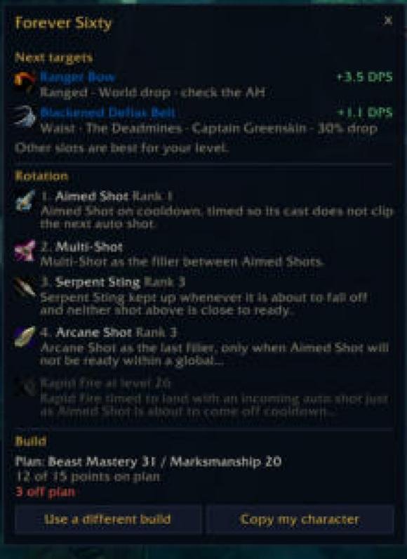 The character-panel flyout: next targets, rotation and build
