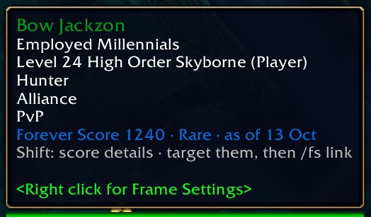 A player tooltip with the Forever Score and its five parts
