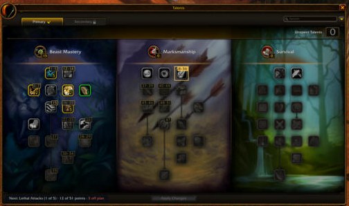 The talent window with the build's talents numbered and the next one ringed